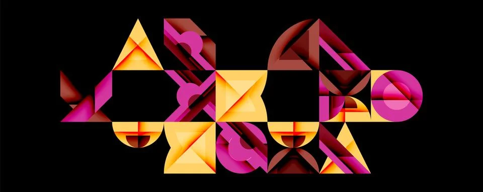 Abstract geometric shapes form complex composition. Warm colors dominate, Ilustração Stock