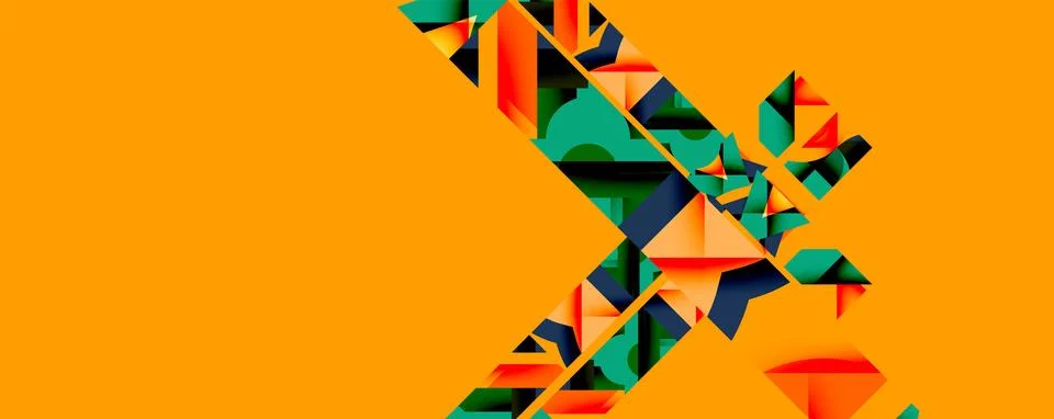 Abstract geometric shapes form dynamic composition. Orange background contrasts Stock Illustration