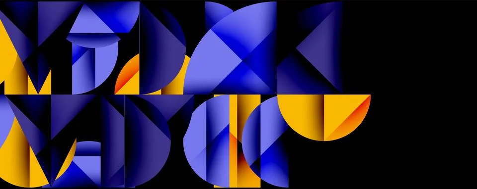 Abstract geometric shapes form letters. Vivid blue, orange hues dominate black Stock Illustration