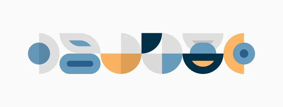 Abstract geometric shapes form linear composition. Circles, squares, rectangl Stock Illustration