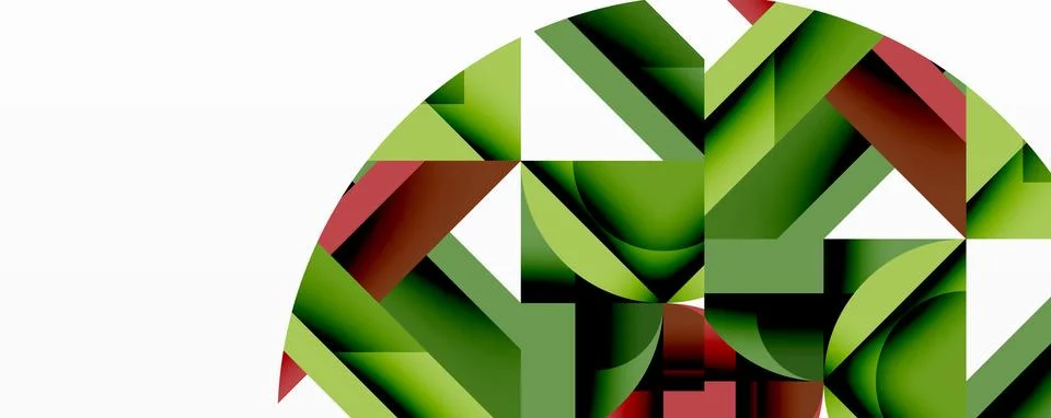Abstract geometric shapes form partial circle. Green, maroon hues dominate Stock Illustration