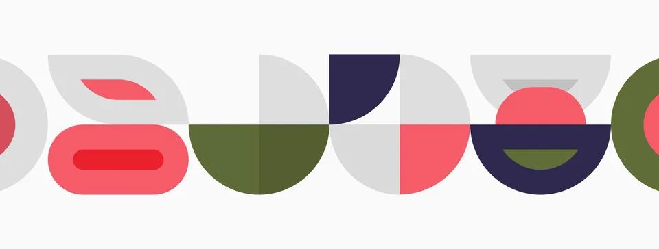 Abstract geometric shapes form repeating pattern. Colors include pink, olive, Stock Illustration