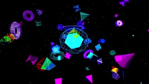 Abstract geometric shapes with iridescent light effects moving in a dark void Stock Footage 346274035