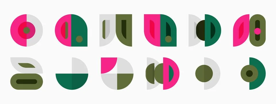 Abstract geometric shapes, mostly circles, semicircles, rectangles. Pink, g.. Stock Illustration