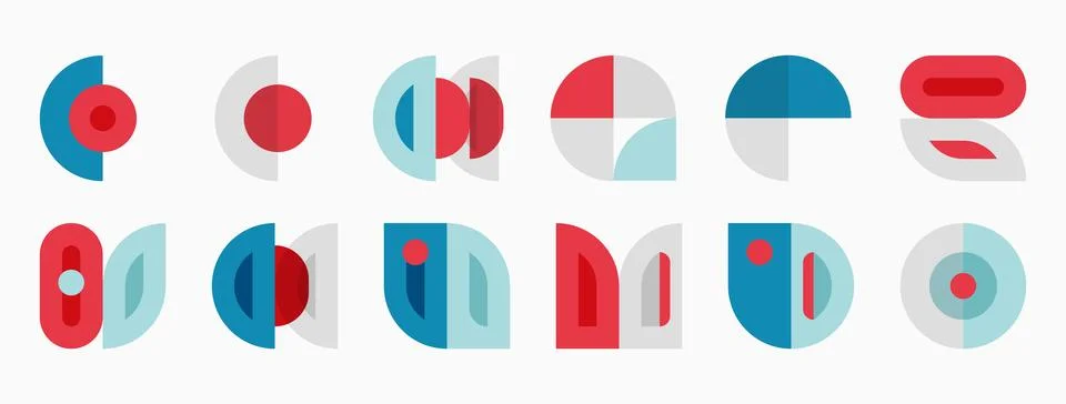 Abstract geometric shapes, mostly circles, rectangles, teal, red, gray. Stock Illustration