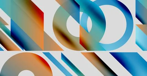Abstract geometric shapes overlap. Blue, orange hues dominate composition. Illustrazione stock