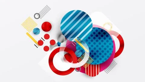 Abstract geometric shapes overlap. Circles, rectangles, lines create vibrant Stock Illustration