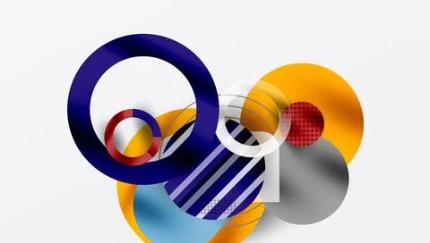 Abstract geometric shapes overlap. Circles, stripes, dots create dynamic 库存插图
