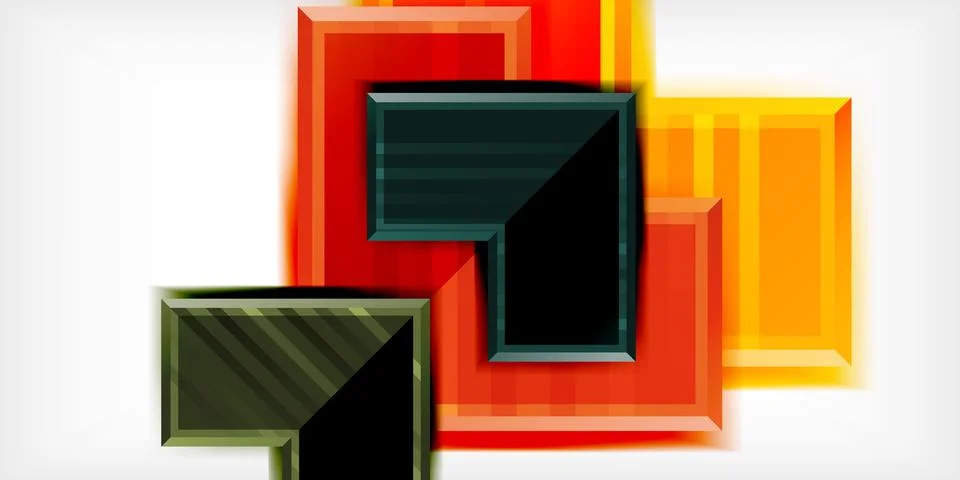 Abstract geometric shapes overlap, creating layered effect. Colors include red, Stock Illustration