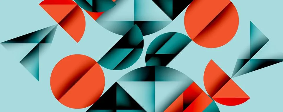 Abstract geometric shapes overlap, creating dynamic composition. Red, teal, gray Stock Illustration