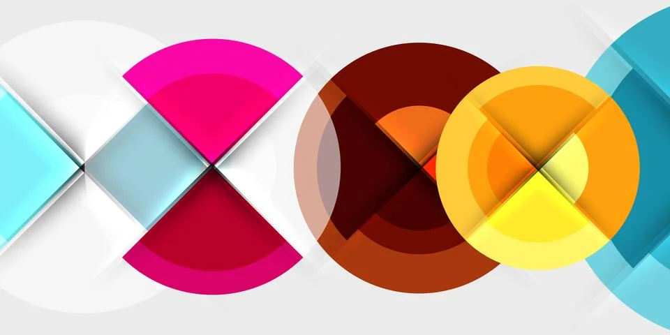 Abstract geometric shapes overlap, creating vibrant color patterns. Circles, Stock Illustration