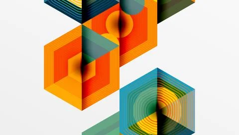 Abstract geometric shapes overlap, creating vibrant layered patterns. Orange, Stock Illustration