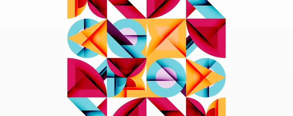 Abstract geometric shapes overlap, creating vibrant colorful pattern. Triangles, Stockillustratie