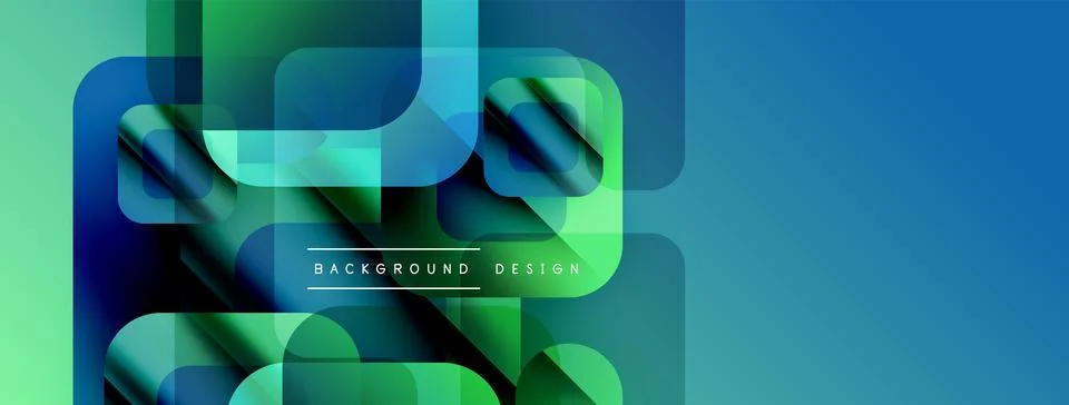 Abstract geometric shapes overlap, creating vibrant green, blue gradients. Stock Illustration