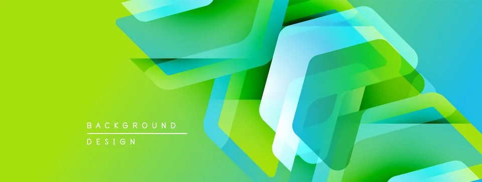 Abstract geometric shapes overlap, creating vibrant green, blue gradients. Stock Illustration