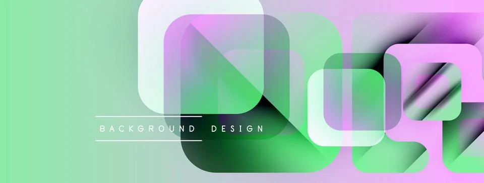 Abstract geometric shapes overlap, creating vibrant green, purple gradients. Stock Illustration