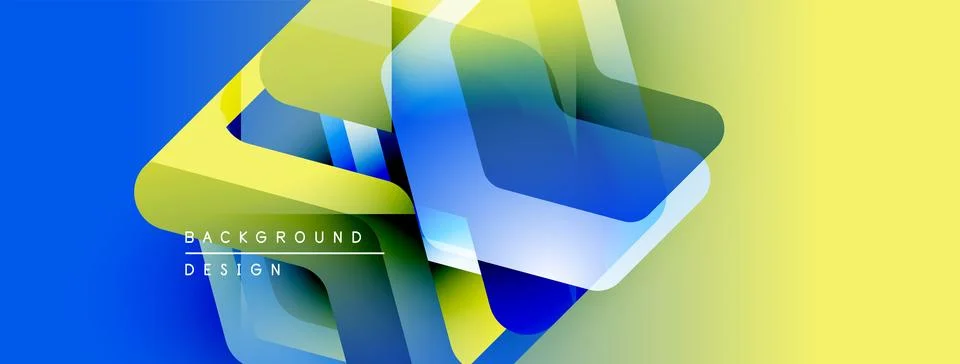 Abstract geometric shapes overlap, creating vibrant blue, yellow, green Stock Illustration