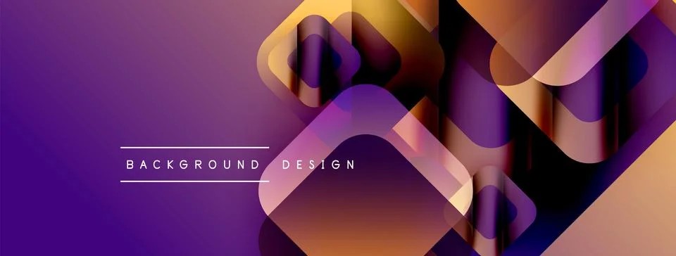 Abstract geometric shapes overlap, creating vibrant purple gradient background. Illustrazione stock