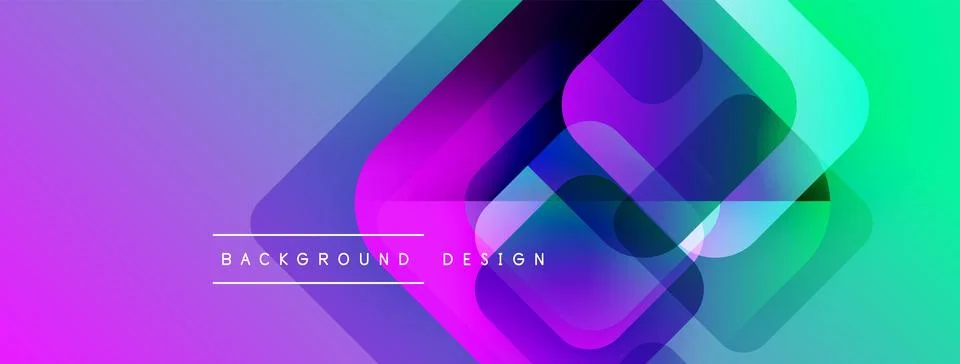 Abstract geometric shapes overlap, creating vibrant gradient background. Purple, Stock Illustration