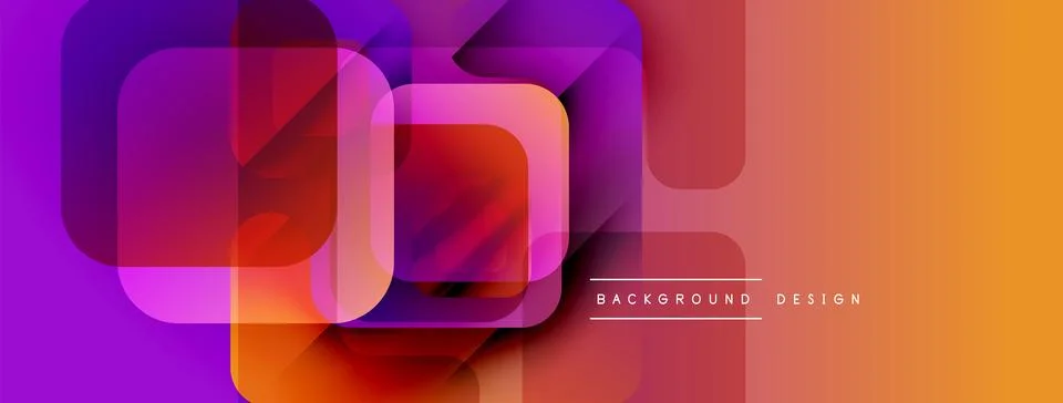 Abstract geometric shapes overlap, creating vibrant purple, orange gradient. Illustrazione stock