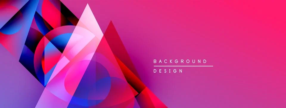 Abstract geometric shapes overlap, creating vibrant pink, blue, red gradients. Stock Illustration
