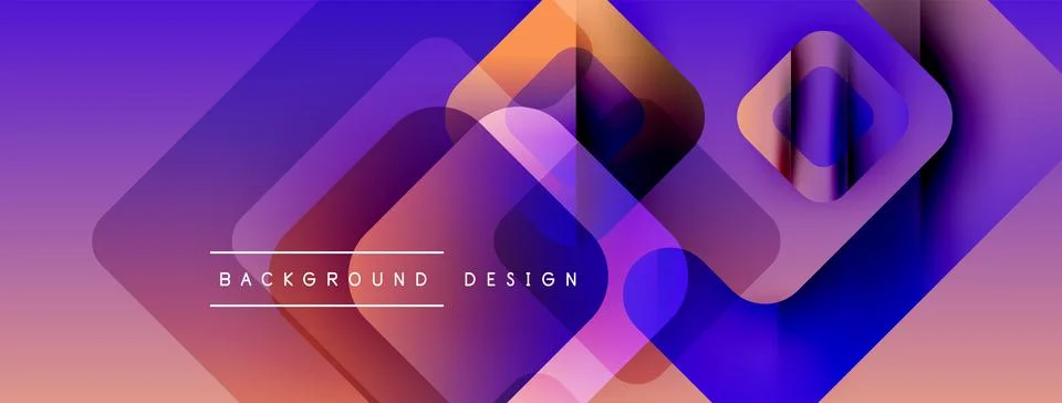 Abstract geometric shapes overlap, creating vibrant gradient effect. Purple, Illustrazione stock