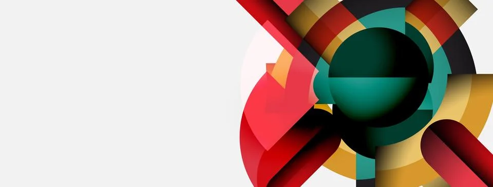 Abstract geometric shapes overlap, creating dynamic colorful composition. White Illustrazione stock