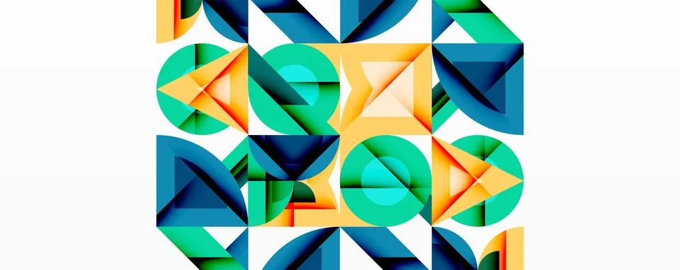 Abstract geometric shapes overlap, creating vibrant patterns. Teal, yellow, blue 스톡 일러스트