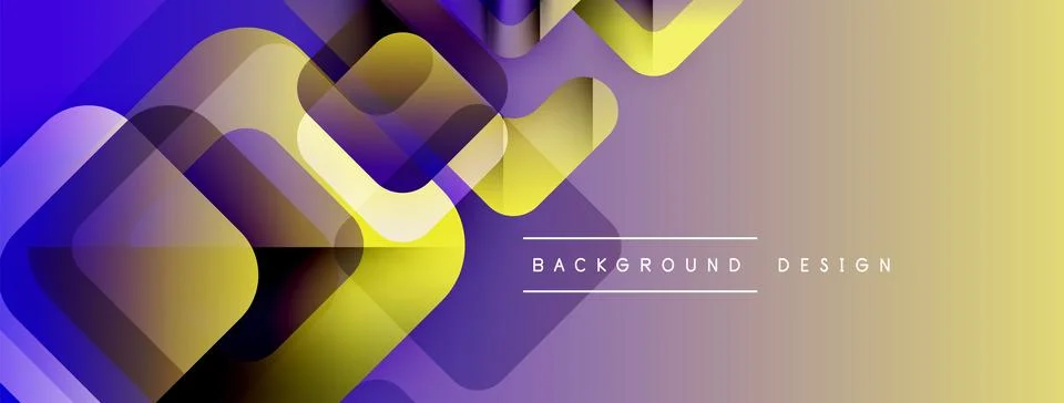 Abstract geometric shapes overlap, creating vibrant gradient background. Purple, Illustrazione stock