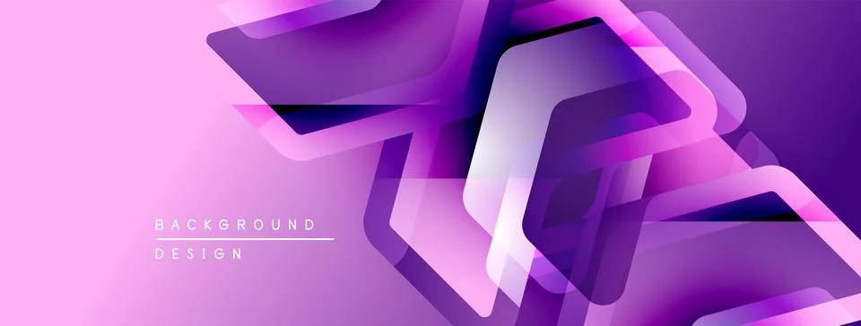 Abstract geometric shapes overlap, creating vibrant purple gradient background. Stock Illustration