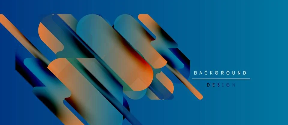 Abstract geometric shapes overlap, creating dynamic blue, orange gradients. Illustrazione stock