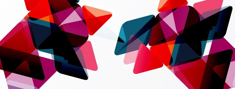 Abstract geometric shapes overlap, creating vibrant red, pink, black tones. Stock Illustration