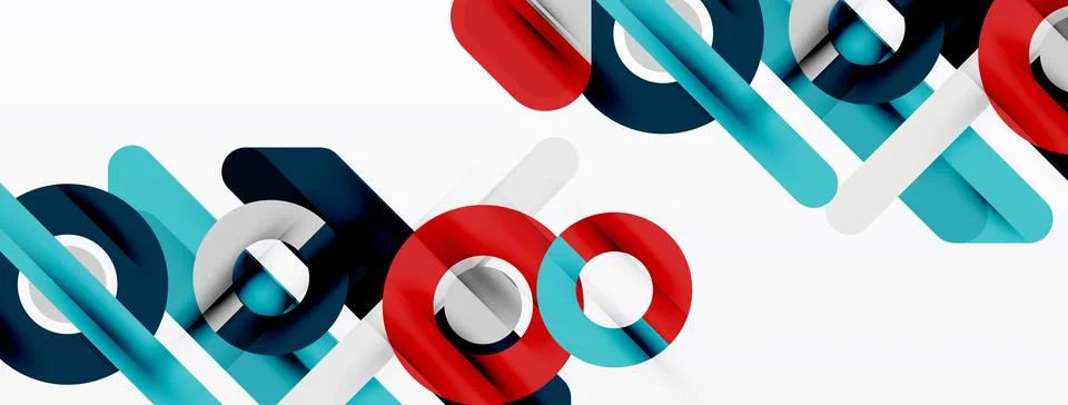 Abstract geometric shapes overlap, creating dynamic composition. Red, blue, Stock Illustration