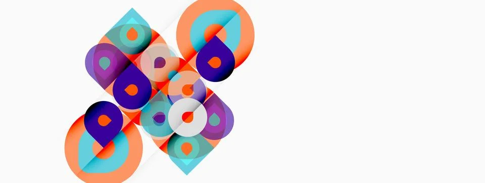 Abstract geometric shapes overlap, creating colorful design. Circles, squares Stock Illustration