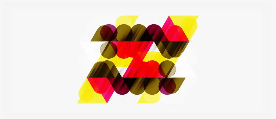 Abstract geometric shapes overlap, creating vibrant colorful pattern. Red, Stock Illustration