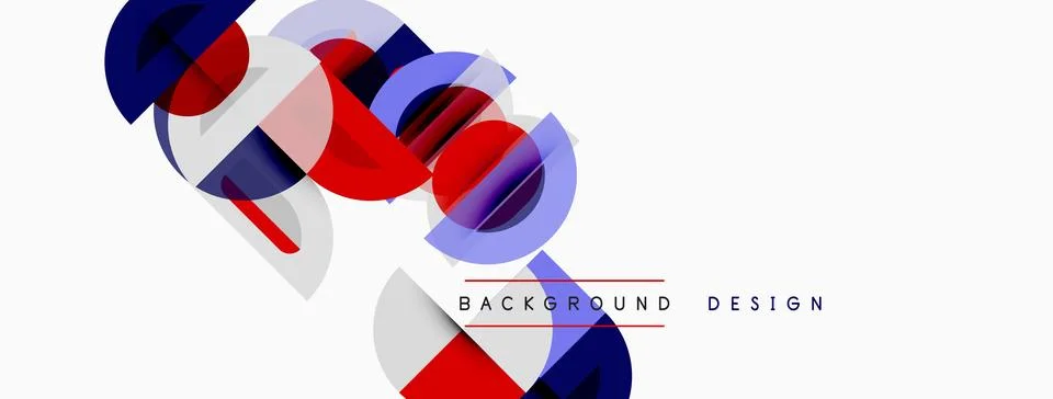 Abstract geometric shapes overlap, creating dynamic visual effect. Red, blue, Illustrazione stock