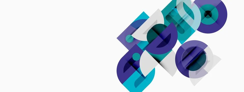 Abstract geometric shapes overlap, creating layered visual effect. Blue, teal Stock Illustration