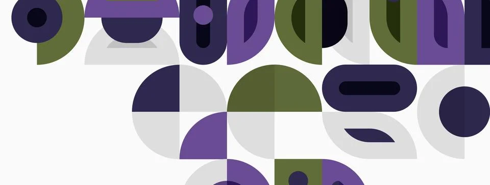 Abstract geometric shapes overlap, creating playful pattern. Purple, olive,.. Stock Illustration