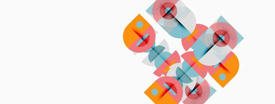 Abstract geometric shapes overlap, creating colorful design. Circles, squares Stock Illustration
