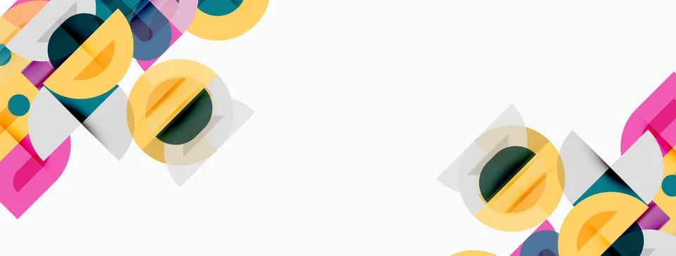 Abstract geometric shapes overlap, creating colorful patterns. Circles, squ.. Stock Illustration