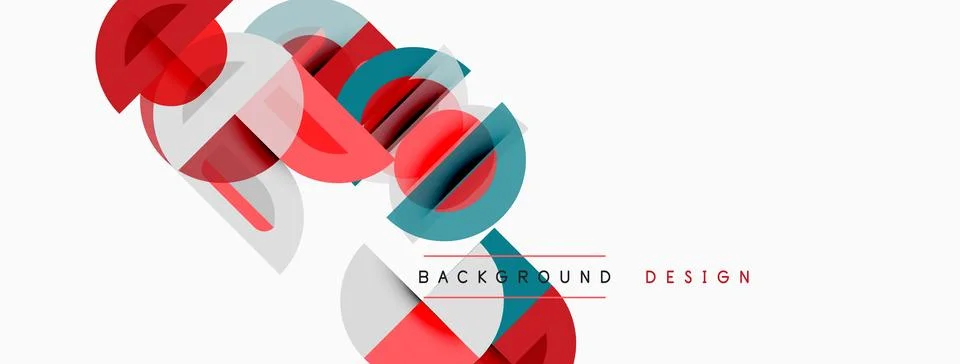 Abstract geometric shapes overlap, creating dynamic visual effect. Red, teal, Illustrazione stock