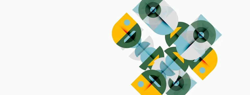 Abstract geometric shapes overlap, creating colorful design. Circles, squares Stock Illustration