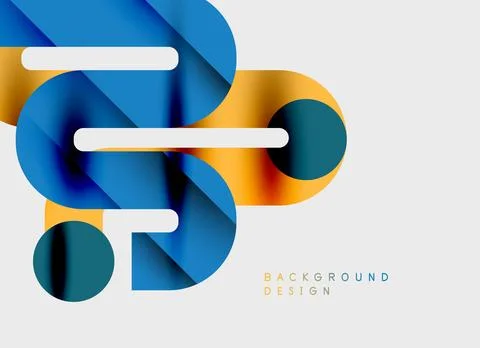 Abstract geometric shapes overlap, creating vibrant design. Blue, orange, whi Stock Illustration