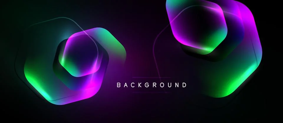 Abstract geometric shapes overlap, creating vibrant gradients. Dark backgroun Stock Illustration
