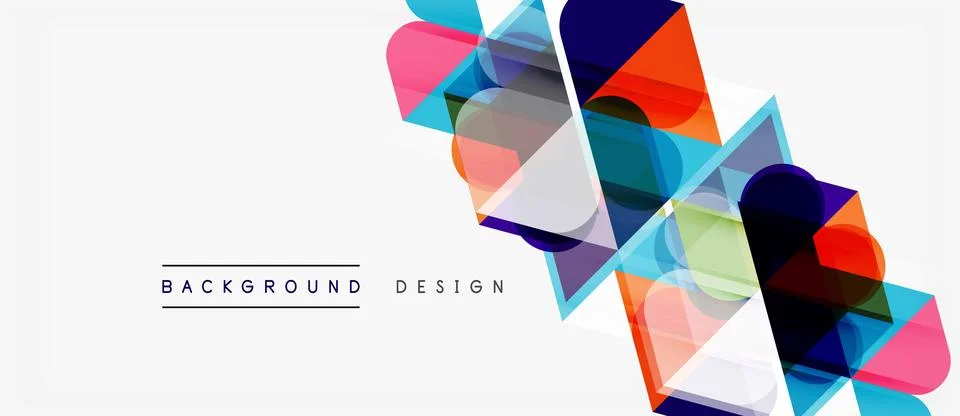 Abstract geometric shapes overlap, creating vibrant colorful design. White .. Stock Illustration