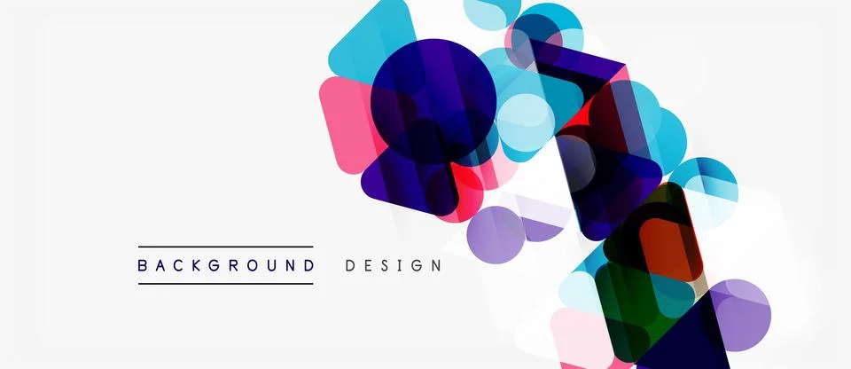 Abstract geometric shapes overlap, creating vibrant colorful design. White .. Stock Illustration