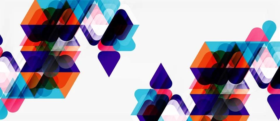 Abstract geometric shapes overlap, creating vibrant colorful patterns. Design Stock Illustration