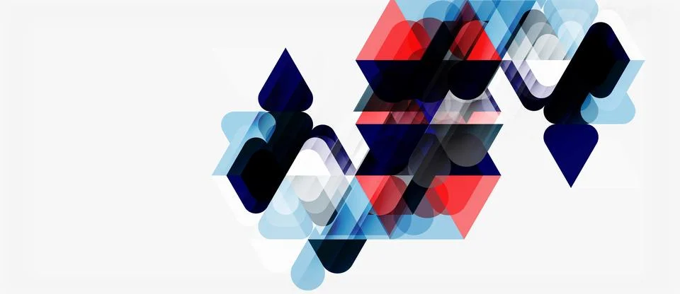 Abstract geometric shapes overlap, creating layered visual effect. Blue, red, Illustrazione stock