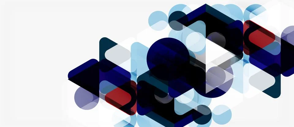 Abstract geometric shapes overlap, creating layered visual effect. Blues, Stock Illustration