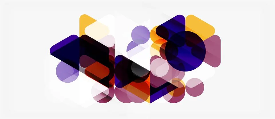 Abstract geometric shapes overlap, creating vibrant color blends. Purple, o.. Stock Illustration